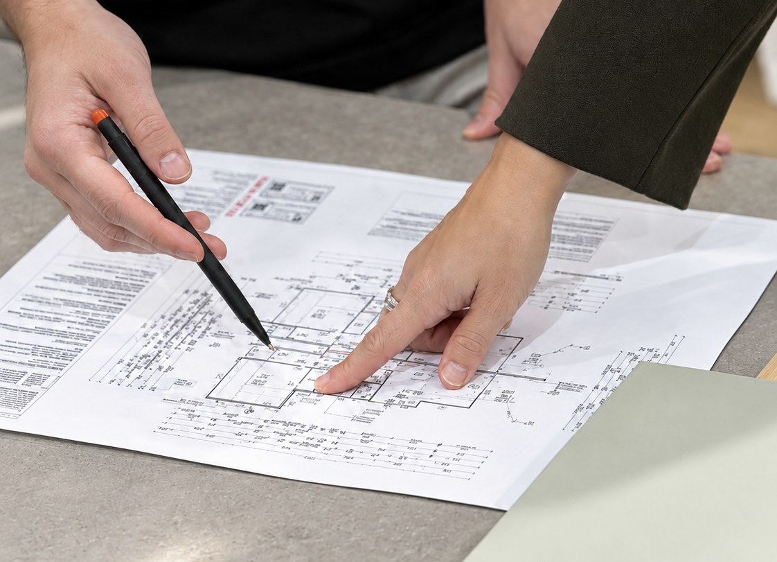 The Madina team reviewing drawings in studio